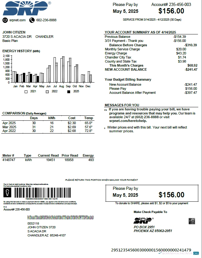 download download USA SRP utility bill template in Word and PDF formats PDF template PDF template